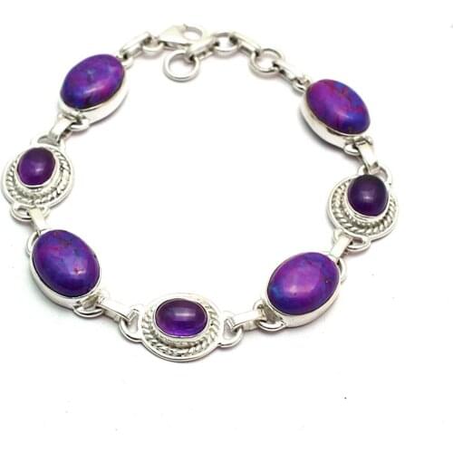 Genuine Purple Copper Turquoise + Amethyst Bracelet 925 Sterling Silver,21 cm, GRP0332