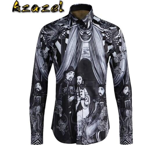Azazel Shirt Men Luxury Allover Printed Long Sleeve Men Shirt Slim Fit Mens Dress Shirts Plus Size 4xl Chinese Style Shirts Man