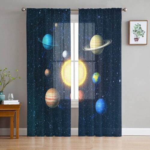 Universe Starry Sky Solar System Planet Sheer Curtains for Living Room Tulle for Windows Voile Yarn Short Bedroom Curtains