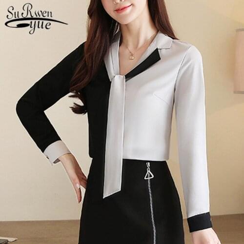 Korean Fashion Women Clothing 2021 Spring Elegant Women Tops V-neck Spliced Long Sleeve Top Chiffon Blouse Blusas Shirts 8472 50