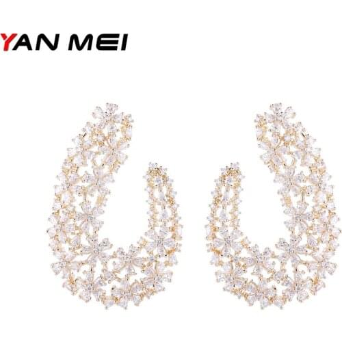 YANMEI Luxury CZ Flower Shape Stud Earrings For Women Crystal Hollow Geometric Earring Fashion Jewelry YME8026