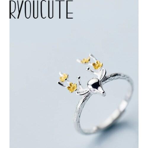 RYOUCUTE 100% Real Silver Color Jewelry Fashion Big Deer Antlers Rings for Women Bijoux Statement Antique Ring Anillos