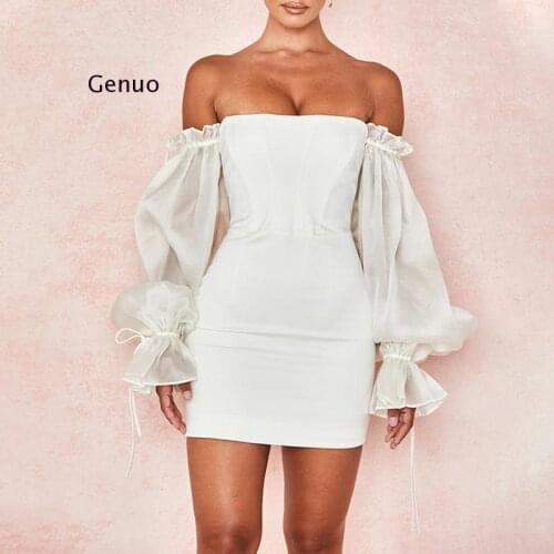 Off-Shoulder Puff-Sleeve Zipper Dress for Women Solid Mesh Dresses Ladies Skinny Sexy Club Party Bodycon Vestidos