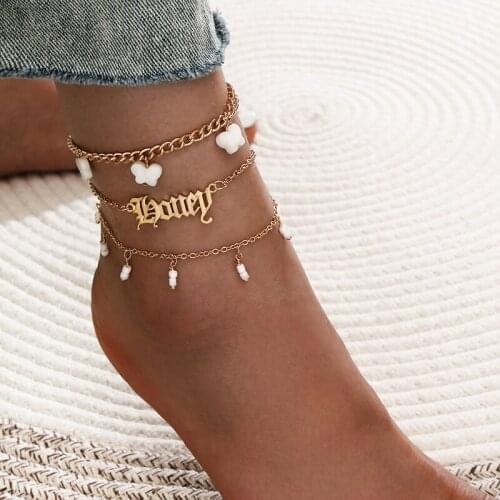3 Pcs/Set Beach Anklets Set Women Sexy Beaded Letter Butterfly Pendant Gold Color Anklet Girl Charm Birthday Party Jewelry