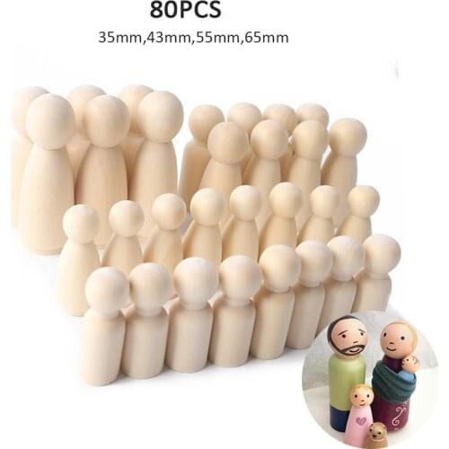 80PCS 55mm 65mm Wooden Blanks Mini Unpainted Peg Dolls Wood Decoration Figures DIY Natural Wooden Crafts Family Wooden Peg Dolls