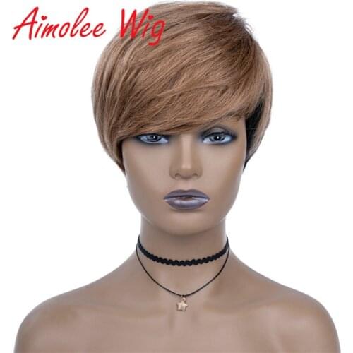 Aimolee Short Straight Human Hair Wigs for Black Women Pixie Cut Wigs with Bangs Natural Looking Premium Hair
