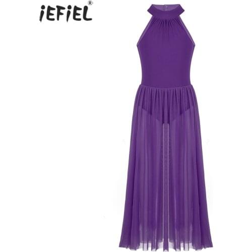 Girls Ballet Tutu Dance Dress Summer Solid Color Mock T-Neck Sleeveless Mesh Leotard Dress Stage Party Dance Costume Dress