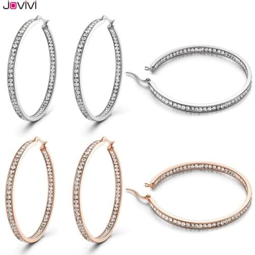 Jovivi Newest Stainless Steel Round Loop Earring 2mm Zirconia Big Circle Hoop Earrings Women Ladies Fashion Ear Jewellery Gift