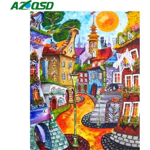 AZQSD Oil Painting By Number Abtract House Landscape Handpainted Modern Wall Picture By Numbers Cartoon Handmade Room Decoration