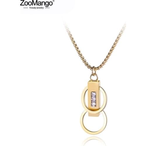 ZooMango Classic Titanium Steel Double Circles With Cubic Zirconia Chokers Necklace Jewelry Lovely Necklace For Women ZN17043