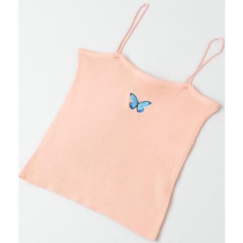Korean Butterfly Embroidery Camisoles Women Sweet Fashion Knitted Blouses Casual Sleeveless Straps Female Shirts Chic Top