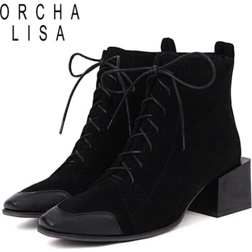 ORCHALISA 2021 Designer Fashion Ankle Boots for Women Demin Pointed Toe Middle Square Heel Lace Up Blue Yellow Size 48 S2446