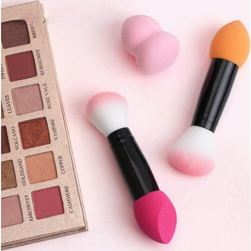 New Double Head Powder Brush and Sponge Puff Set Candy Color Sponge Puff Short Handle Brush Make Up Cosmetic Beauty Tools