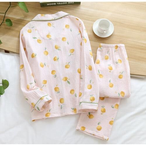 New Spring and Summer Pajamas Ladies Cotton Crepe Cloth Long-sleeved Trousers Pajamas Set Spring and Autumn Womens Home Service