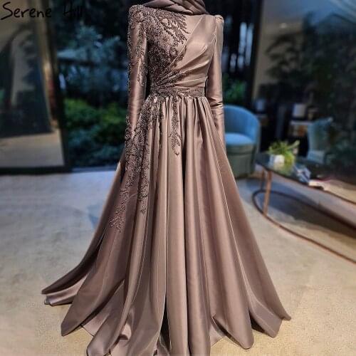 Serene Hill Coffee Muslim Satin Evening Dresses Gowns 2021 A-Line Beaded Luxury For Women Party CLA71261