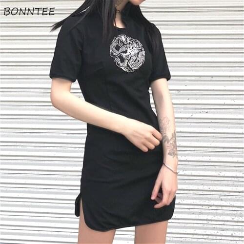 Dress Women Summer Chic Embroidery Femme Chinese Dresses Vintage Black Sexy Side-slit Harajuku Party Streetwear Vestido Feminino