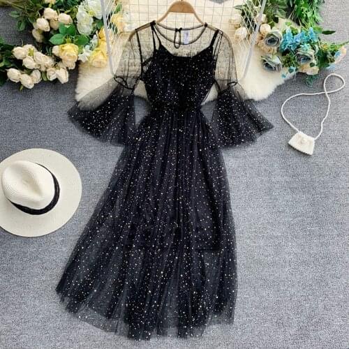 2020 spring summer new women sequins gauze flare sleeve lace-up fairy Princess dress female elegant o-neck mesh puff dresses 506