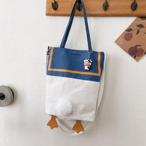 Simple Women Package Cute Duck Canvas Handbags with Cow Pendant Japanese Literary Shoulder Bag Casual Shopping Tote Girl Handbag