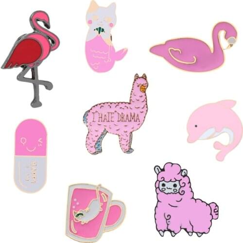 Pink Enamel Pins Flamingo Sheep Alpaca Dolphin Animals Brooch Jewelry Custom Badge Denim Shirt Lapel Pin For Kid Girl Gift