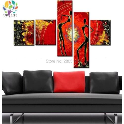 Hand made 5 panel wall art red Abstract african tribal nude dancer Bonfire party Oil Painting on Canvas figure Home Decoration