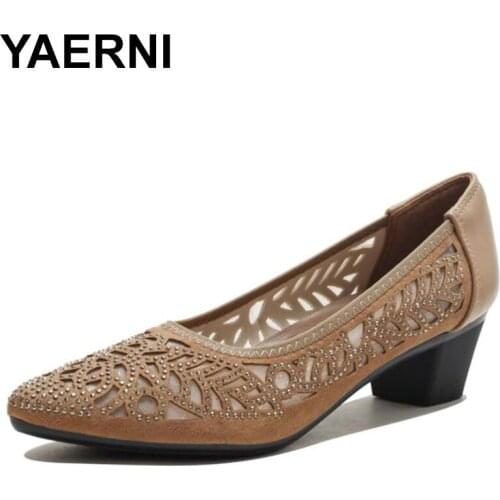 YAERNI Mesh sandals hollow single shoes 2021 summer new medium thick heel comfortable womens shoes pressure drill fashion shoes