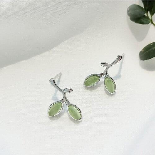 Stud Earrings Leaf For Women Green Zircon Simple New Temperament Korean Fashion Vintage Design Girlfriend Gift Jewelry BOYULIGE