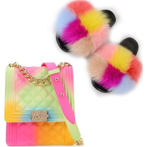 Women Real Fox Fur Slippers Ladies Furry Fur Sandals Female Fluffy Flip Flops Girls Fashion Jelly Small Square Bag Slides Sets