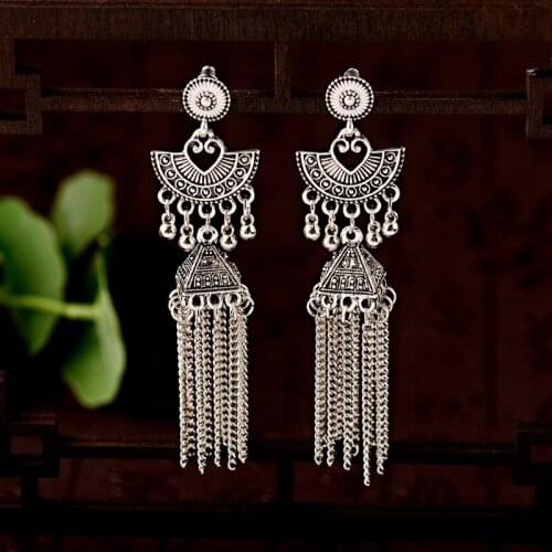 Vintage Ethnic Gypsy Long Tassel Indian Earrings For Women Boho Jewelry Ladies Retro Geometric Jhumka Earrings Afghan Egypt