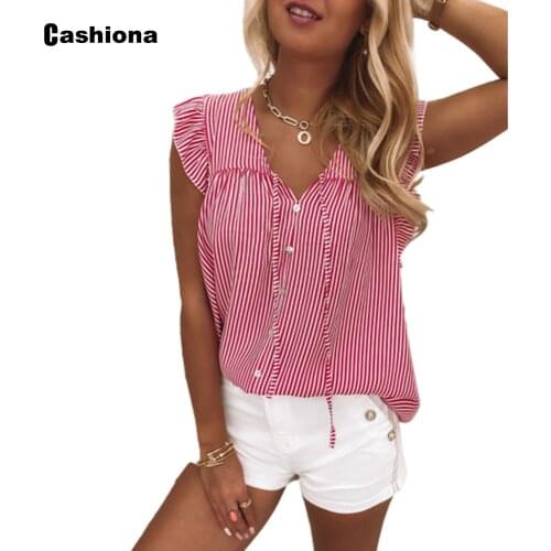Butterfly Sleeve 2021 Summer V-neck Top Office Ladies Elegant Leisure Casual Shirt Plus Size Women Model Stripe Blouse Femme 3XL