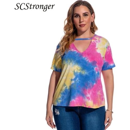 SCSTRONGER Spring Plus Size T Shirt Womens Loose V Neck Cotton Short Sleeved Shirt Tie Dye Top Blusas Feminina Verao 2021