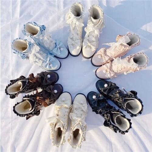 Sweet Lolita Ankle Boots Beauty Women Martins Winter New Lace Bow Snow Boots For Women Side Zip Platform Low Heels Lolita Shoes