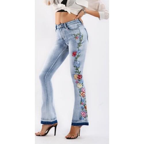 Jeans Women Flower Embroidered Flared Pants Plus Size Womens Clothing 2021 Summer High Street Denim Trouser Pantalones De Mujer