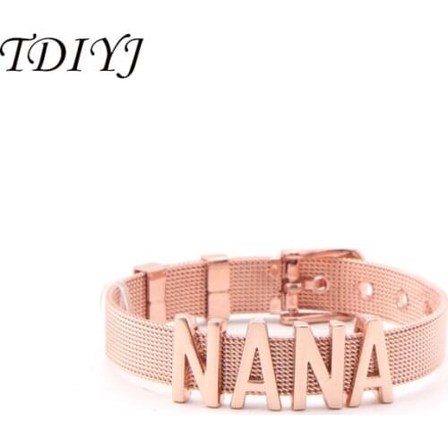 TDIYJ Fashion KEEPER Bracelet Rose Gold Stainless Steel Mesh Keeper ing Bracelet with Grandma NANA Slide Charms for Women 1Set
