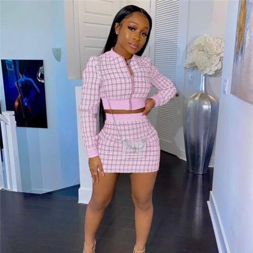 Imcute Fall 2pcs Women Set Long Sleeve Plaid Zipper Jackets Bodycon Mini Skirts Suit Two Piece Set Vintage Matching Set Dress