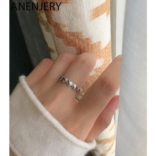 ANENJERY 925 Sterling Silver Hollowed-out Heart Shape Open Ring For Women Young Girl Gifts Adjustable S-R911