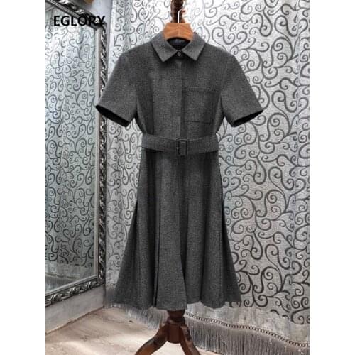 Top Quality New 2020 Autumn Winter Dress Women Turn-down Collar Chest Pocket Deco Belt Patchwork Slim Fit A-Line Grey Dress Work