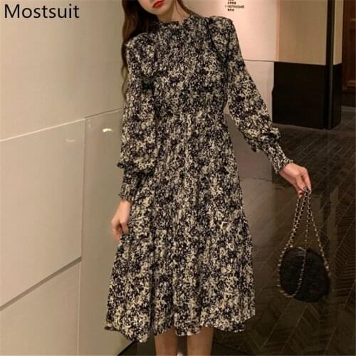 Vintage Korean Printed Dress Women Full Sleeve Stand Collar A-line Dresses Plus Size Elegant Streetwear Female Vestidos 2021