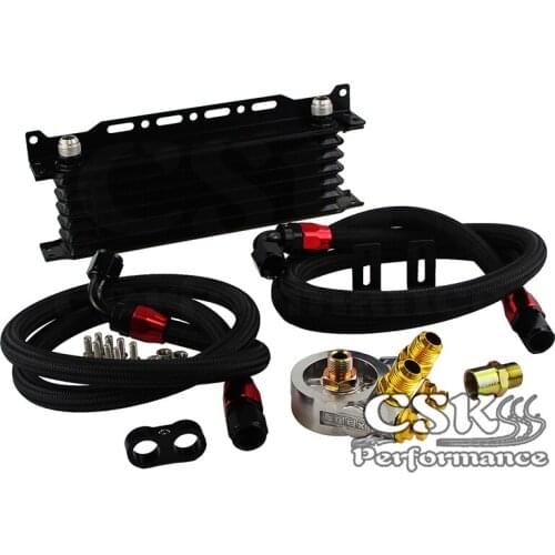 7 Row Engine Racing Trust Oil Cooler w/ Thermostat Oil Filter Adapter Kit Black/Blue
