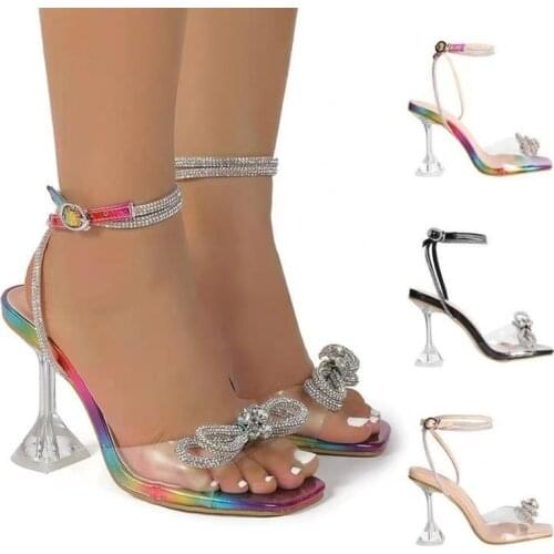 2021 New Crystal Rhinestone Sandals Lace-up High Heeled Slippers Square Toe Sexy Sweet Butterfly Clear Heels Outdoor Stiletto