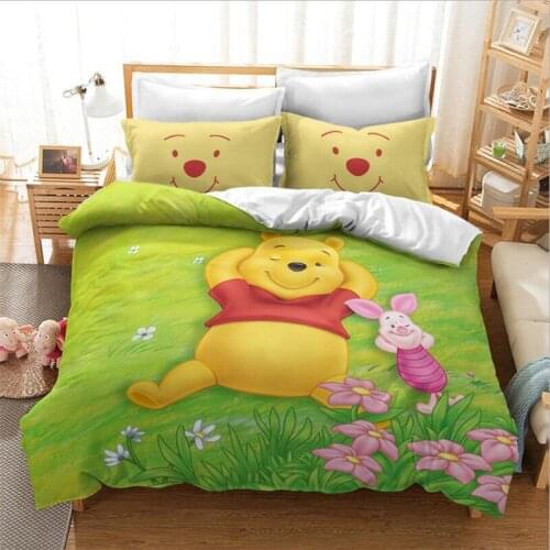 Disney Winnie Bedding Sets Green Grassland Illustration Duvet Cover Set 3 Pieces Full Twin Single Queen King Size for Decor