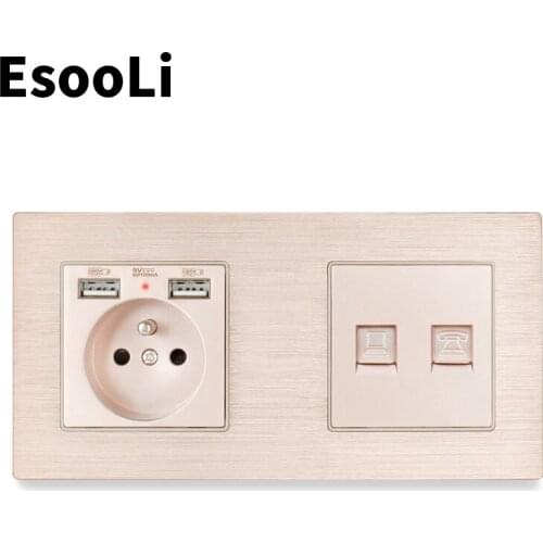 Esooli Gold French White Aluminum Metal Panel Socket RJ11 Telephone Jack With RJ45 Data Computer Internet Connector Wall Socket