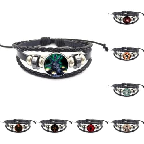 EJ Glaze Pagan Satan For Women Choker Glass Cabochon Black Leather Bracelet Bangle Time Stone Jewelry