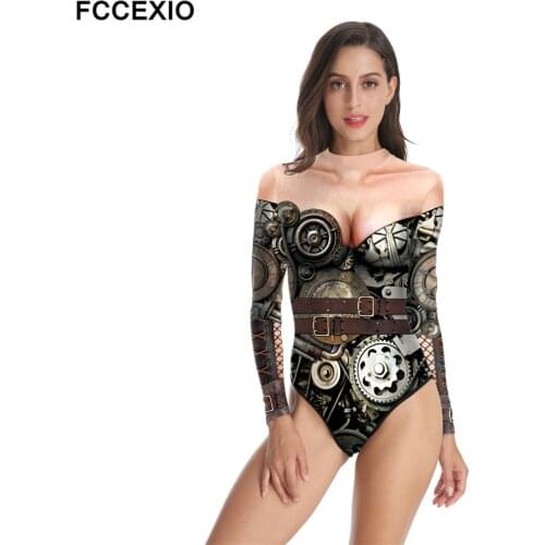 FCCEXIO Mechanical Gear Pattern Printed Women Swimsuit Summer Casual Long Sleeve Beachwear Bathing Suit Sexy Tight Swimwear