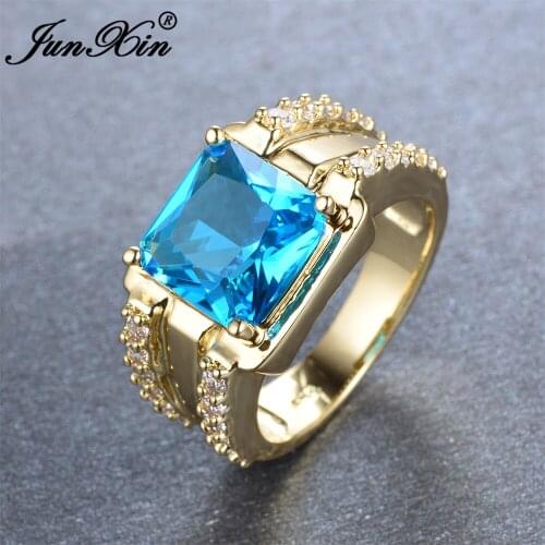 JUNXIN 2017 Gorgeous Men Light Blue Ring Yellow Gold Filled Jewelry Vintage Party Wedding Rings For Men March Birthday Stone