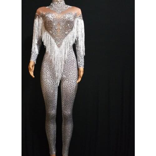 Silver Rhinestones Nude Stretch Jumpsuit Sexy Fringes Dance Bodysuit Performance Party Celebrate Stage Show Costume Wear
