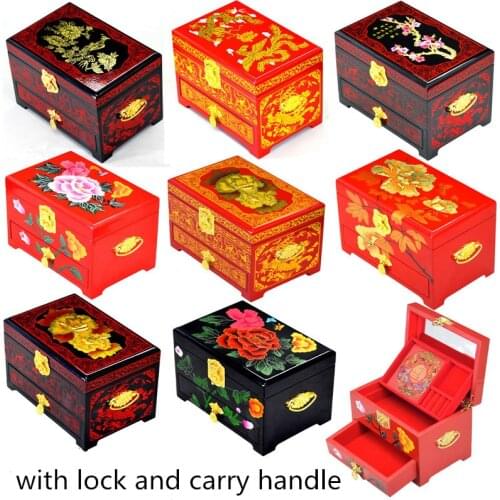 3 layer Handle Lacquerware Chinese Vintage Wooden Storage Box with lock Home Decor Drawer Jewelry Makeup Boxes Wedding Gift