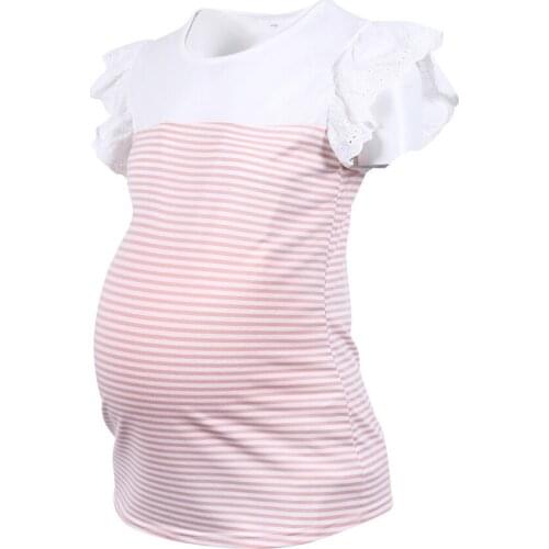 Qunq Summer Maternity T-shirt Striped O-neck Casual Shirts for Pregnant Woman 2021 New Ruffle Sleeve Pregnancy Tops Clothes