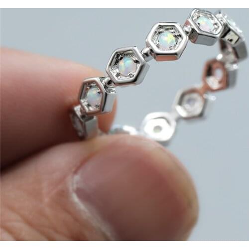 Small Round White Fire Opal Geometric Rings For Women Finger Bands White Gold Rose Gold Engagement Ring Female Wedding Jewelry