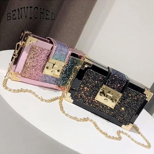 New style womens small square bag Korean fashion sequins small box cool and easy single shoulder bag charming chain c001