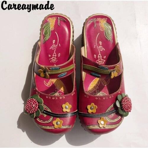 Careaymade-New Spring/Summer,Genuine cowhide thick bottom muffin flat slippers,Women ethnic style candy color slippers958-2